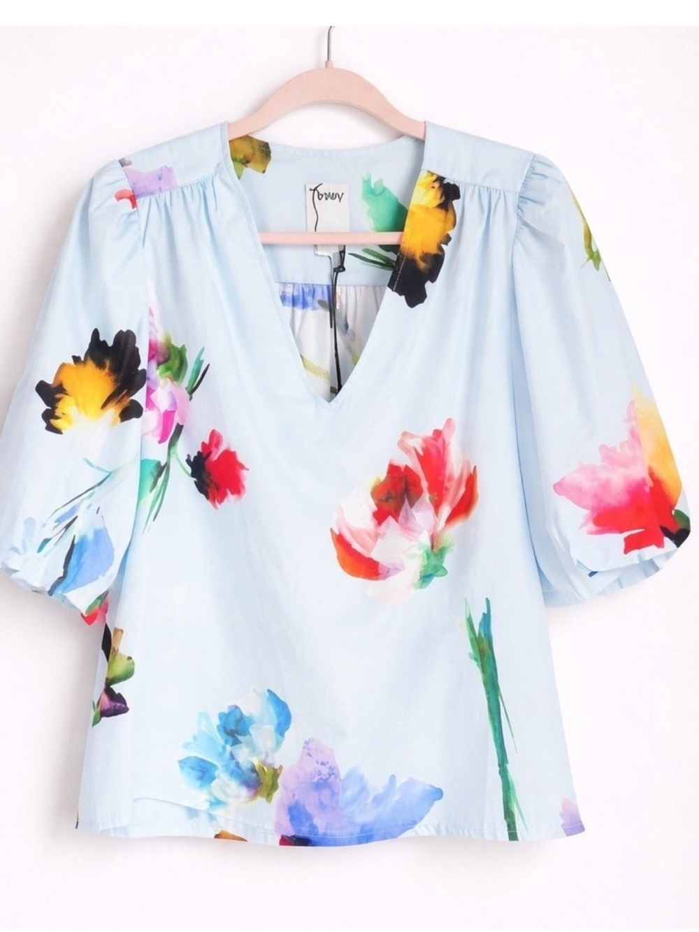 Finley NWT Tish Light Blue Floral V-Neck Puff Slv Top NWT sz Small silky poplin